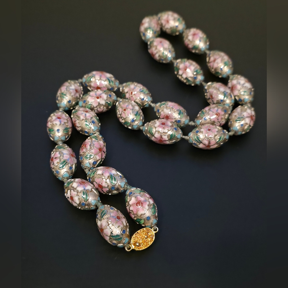 Vintage Chinese Cloissone Oval Beaded Floral Choker Necklace Stamped - Picture 3 of 12